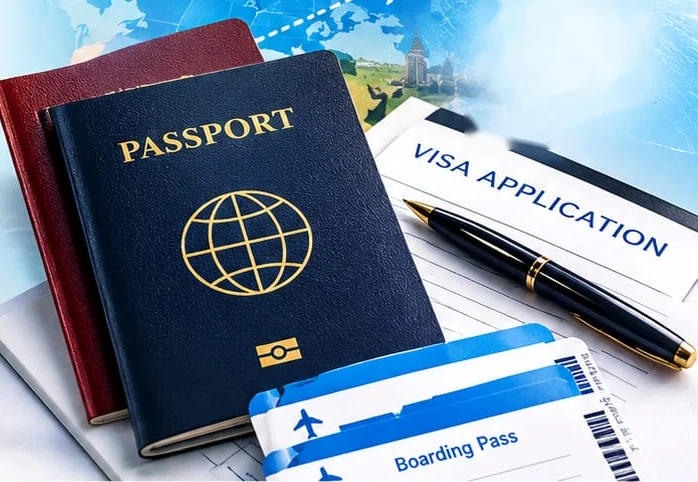 Passports, visa application form and boarding pass